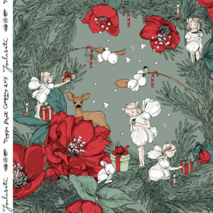 Joulusatu, misty green and red- økologisk bomullsjersey / per 0,5 m